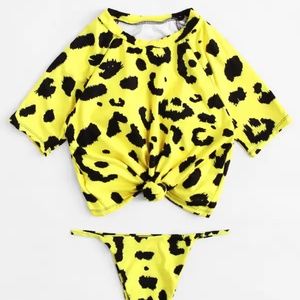 Leopard Tankini Set Knot Front Short Sleeve